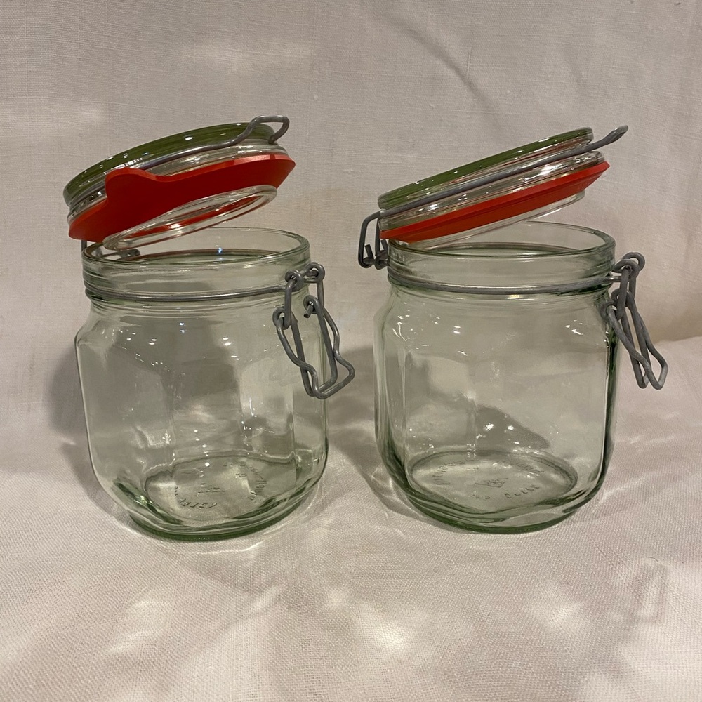 Set of 2 upcycled clip top hinged glass jars-canning/storage 24oz for sour dough